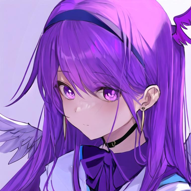 Portrait of a cute winged girl with long, purple hai...