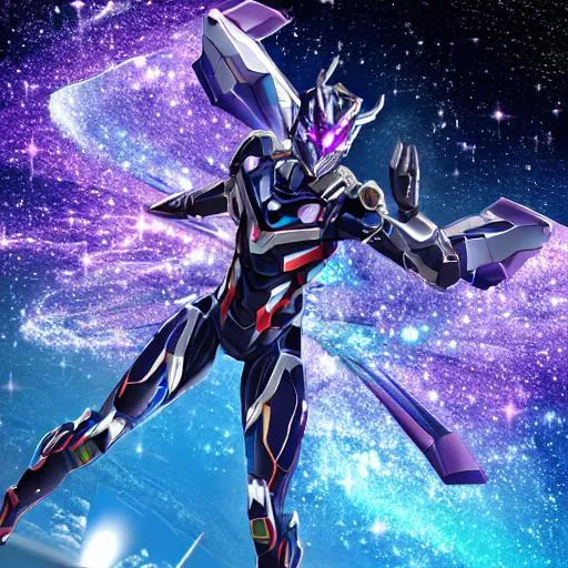 Prompt: Boy using robot suit, Galaxy effect, two Galaxy swords, 3d portrait, mask, Galaxy ornament, Galaxy wings around Space