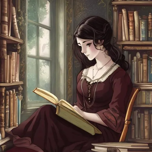 Prompt: Victorian era woman reading a book in a nook anime