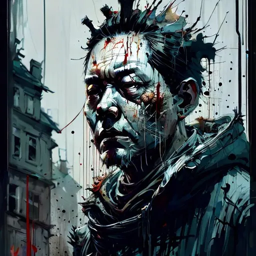 Prompt: "A Worn King", negative black and white Speedpaint with large brush strokes by , Junji Ito, Ismail Inceoglu, , Gazelli, M.W. Kaluta, richard anderson, paint splatter, white ink, a masterpiece, 8k resolution, trending on artstation, horror, terrifying, highly detailed and intricate