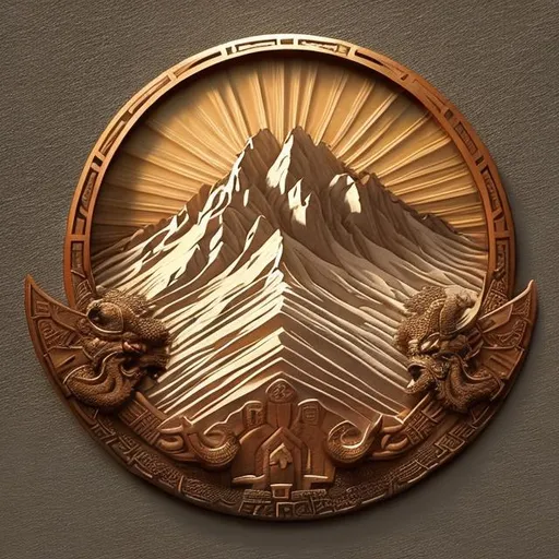 Prompt: Certainly! Here's a textual description of the emblem for the story:

The emblem is a circular design, intricately crafted to reflect both strength and regality. At its center, a resplendent mountain peak rises majestically, representing the empire's foundation within the colossal mountain. The peak is crowned by a radiant sunburst, signifying the empire's enduring spirit and unwavering resilience.

Emerging from the mountain's base are two intertwined elements: a sword and a scepter, symbolizing the heroine's dual role as a fierce warrior and a regal leader. The sword, with a blade as sharp as her determination, embodies her strength and prowess in battle. The scepter, adorned with a regal gemstone, represents her authority and influence as a ruler.

Radiating outward from the central design, intricate patterns reminiscent of the heroine's jumpsuit embroidery encircle the emblem, creating an aura of power and allure. Gleaming gold lines trace the patterns, catching the light just as the heroine's golden motifs catch the eye.

Overall, the emblem captures the essence of the almighty Dwarven empire's hidden strength, the heroine's graceful authority, and the harmonious blend of power and beauty that defines the heart of the story.