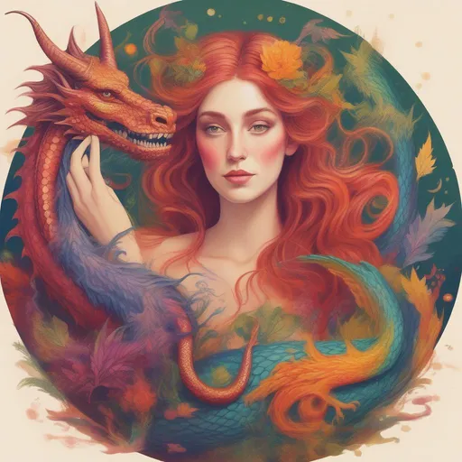 Prompt: A colourful and beautiful Persephone, with her hair being made out of magic, with a dragon in a painted style