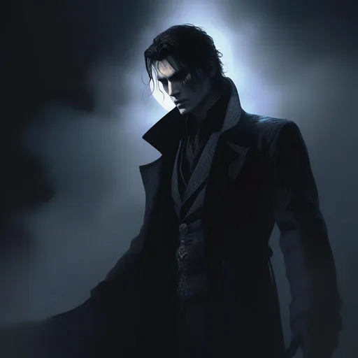 Prompt: (concept art of detailed character design), a male shadow sorcerer, facing the camera, detailed face, black clothes, black hair, black mist coming out of hand, in a dark room, moonlight, wearing a long coat, Gloomy lighting, Fantasy aesthetic, digital art, 8k, trending on artstation,  by Greg Rutkowski, insanely detailed, trending on art station, by pascal blanche, Rutkowski, 