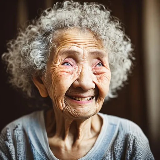 Prompt: Old lady with curly white hair long neck line looks happy.