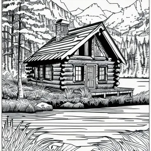 Prompt: black and white coloring page of a cabin in the woods at the edge of a lake