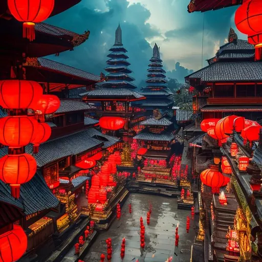 Prompt: A breath taking view of a Balinese temple in the middle of Cyberpunk City with red lanterns (oil painting)