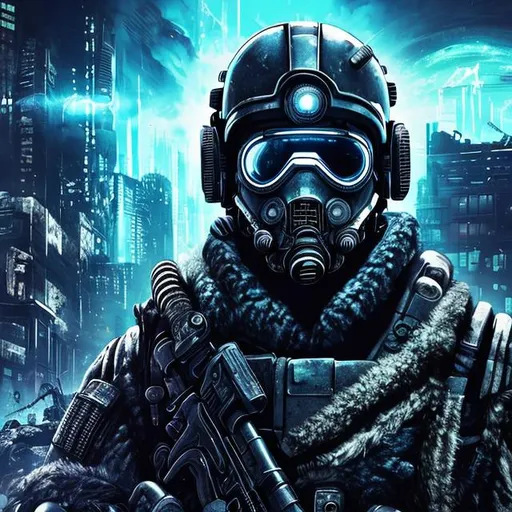 Prompt: cyber punk navy sailor with one pair of goggles on its forehead with a black and grey background. angry glowing white eyes. Full portrait. Fur. Gears of war carmine style helmet. Burning city in the background. symmetrical face. blue fur collar. special forces.