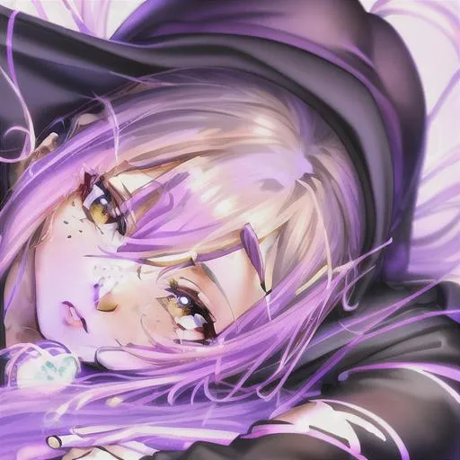 Prompt: UHD, hd , 8k,  anime, hyper realism, Very detailed, zoomed out view, clear visible face, full character in view, clear visible face, Hyper realistic cartoon style of woman with long straight light purple hair freckles, brown eyes, wearing a black hoodie with leggings, calm face expression, full body portrait, purple ora,