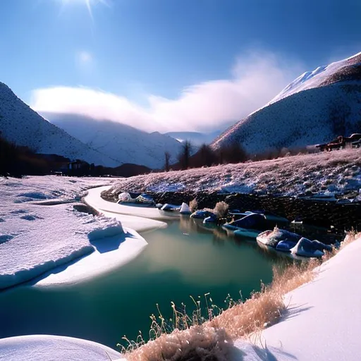 Prompt: It was winter in the village named Khled positioned on the north side of a mountain icy coat. The mountain Freeze was known for its extensive and always white frozen peaks making life harder but also more beautiful. On the east side, a wild and fast river was stomping the ground coming from the inside of the mountain and losing its tracks on the far horizon.