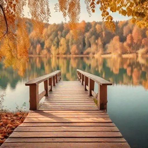 Prompt: Autumn day by the lake with a wooden arch bridge over lake, pastel color