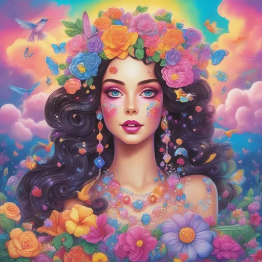 Prompt: A beautiful and colourful Persephone whose brunette hair is made of clouds that rains down flowers made of jewels, while chickadees fly around her; in a Lisa Frank Style 