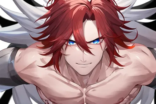 Prompt: Zerif 1male (Red side-swept hair falling between the eyes, sharp and sassy blue eyes), shirtless, highly detailed face, 8K, Insane detail, best quality, UHD, handsome, flirty, muscular, Highly detailed, insane detail, high quality. 