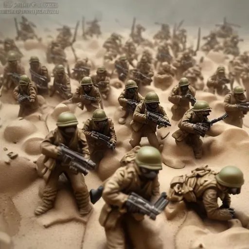 Prompt: guerilla warfare, trench warfare, desert, raid, convoy, scifi, army, large, thick sand storm, barely visible
