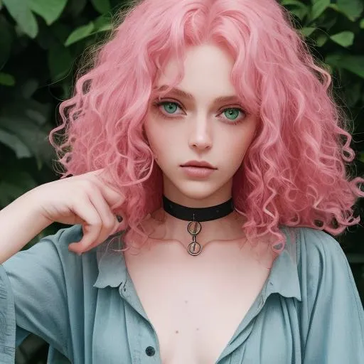 Prompt: beautiful pink haired women, green eyes, curly wavy hair, (low cut, unbuttoned blue shirt)+, choker, flat chested,