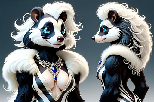 Prompt: Concept Art, front, right side, back, GFP-GAN, a bipedal anthropomorphic female skunk with black fur and white stripe on her back and wearing an evening gown with elaborately detailed designs and a detailed ornamental necklace standing straight up in an 'A' type pose, skunk face, skunk head, animalistic, realistically detailed sparkling deep blue human eyes, long thick luxurious eye lashes, thin face, long white hair with curly waves, curvy feminine physique, black fur on torso and chest, long bushy tail, not human, 8k, full body detailed, wide angle shot, hyper detailed, photo realistic, professional