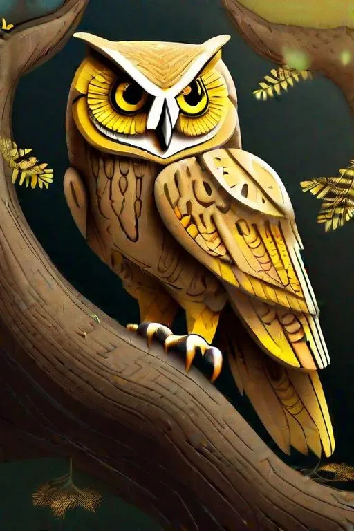 Prompt: A wise owl with large, yellow eyes and a wingspan of ten feet, perched on a branch of an ancient tree.