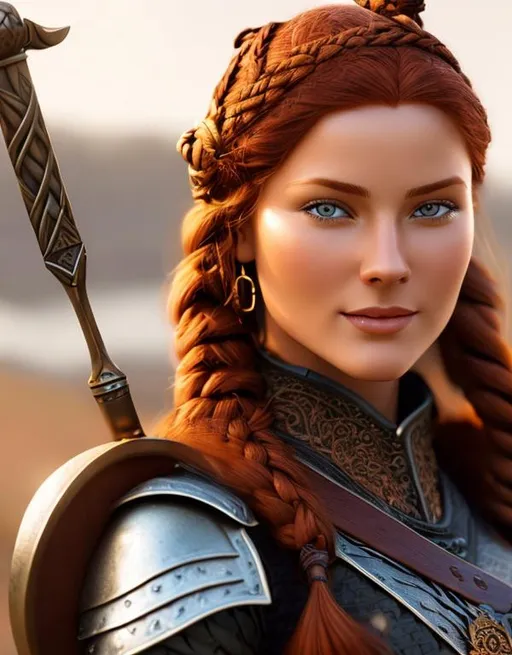 Prompt: highest quality stylized viking woman masterpiece, red hair, award-winning 3d oil painting art, perfect anatomy in perfect composition, long shot, hyper-realistic photography, intricate, 64k, UHD, HDR, (intricate eyes), extraordinary lips, subtle smile, gorgeous eyelashes, highly detailed face, hyper-realistic facial features, cinematic 3d volumetric, dramatic lighting with backlit backlight, by Julia Razumova