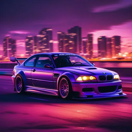 Prompt: 2001 BMW M3 E46 GTR, synthwave, aesthetic cyberpunk, miami, highway, dusk, neon lights, coastal highway, dusk, neon lights, coastal highway, sunset, drift, nurburgring