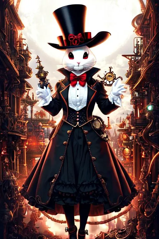 Prompt: UHD, , 8k, Very detailed, panned out view, horror,  anthropomorphic white rabbit  character wearing a steampunk outfit, wears a top hat with steampunk goggles on it, she wears a dark red bodies with a shirt underneath, a long black skirt, stands by fantastical horrors, tentacles & Lovecraftian horrors in a horror landscape