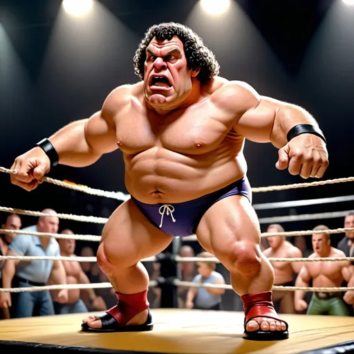 Prompt: A little person, Looney Toons style, photo, photorealistic, WWE fat angry Andre the Giant stepping over the ropes, wrestling ring setting, audience, comical expressions, exaggerated features, detailed surroundings, high quality, humorous, funny, vibrant colors, dynamic lighting, theatrical lighting, high quality, detailed, professional, animated shading, cartoon realism, detailed expression,