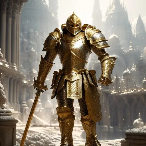 Prompt: beautiful photograph of most beautiful fictional, Knight, male, goodnes, muscle, White and golden, extremely, detailed environment, detailed blur background, intricate, detailed skin, natural colors , professionally color graded, photorealism, 8k, moody lighting.