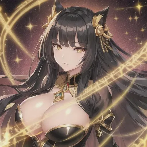 Prompt: Handsome Cat Female, Long black hair, extremely detailed Gold sparkling eyes, a young anime female with detailed Gold glowing eyes, an optimistic expression, wearing a Gothic outfit with golden chains,  fantasy, clear sparkling gold glowing eyes, gold eyes, intricately detailed eyes, long black hair, intricate, highly-detailed, large landscape, mechanics, dramatic lighting, gorgeous face, lifelike, stunning, anime young female face,  digital painting, large,  illustration, concept art, smooth, sharp focus, highly detailed painting, looking and smiling at viewer, full body, photography, detailed skin, realistic, photo-realistic, 8k, highly detailed, full length frame, High detail, showing full body, full body art 