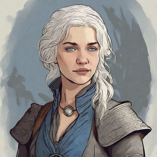 Prompt: Game of Thrones Female with shoulder-length white hair, No necklace, Lucious thicker lips, Intimidating blue eyes with a smirk, Member of House Arryn, wearing a gambeson with a pin of a Logo of House Arryn, dirty hair
