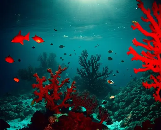 Prompt: Inside of the ocean. Corals. Unknown Sea creatures. Small light