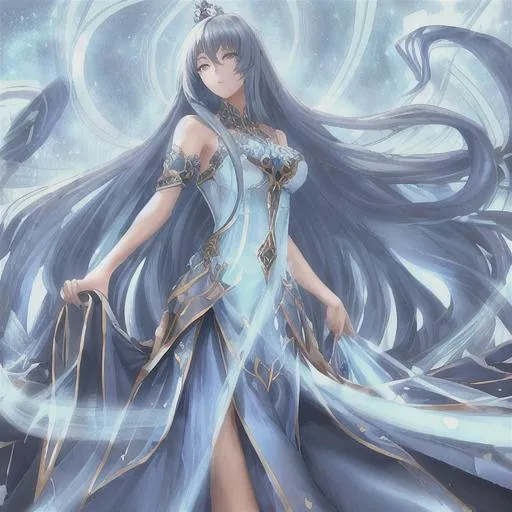 Prompt: butiful queen, very long blue hair, sky blue and darkblue sining long dress, blue and white aura