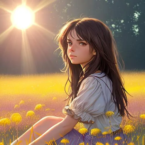 Prompt: A super detailed portrait of a sun kissed girl with dark brown hair sitting in a sun lit field of heather surrounded by floating dandelions