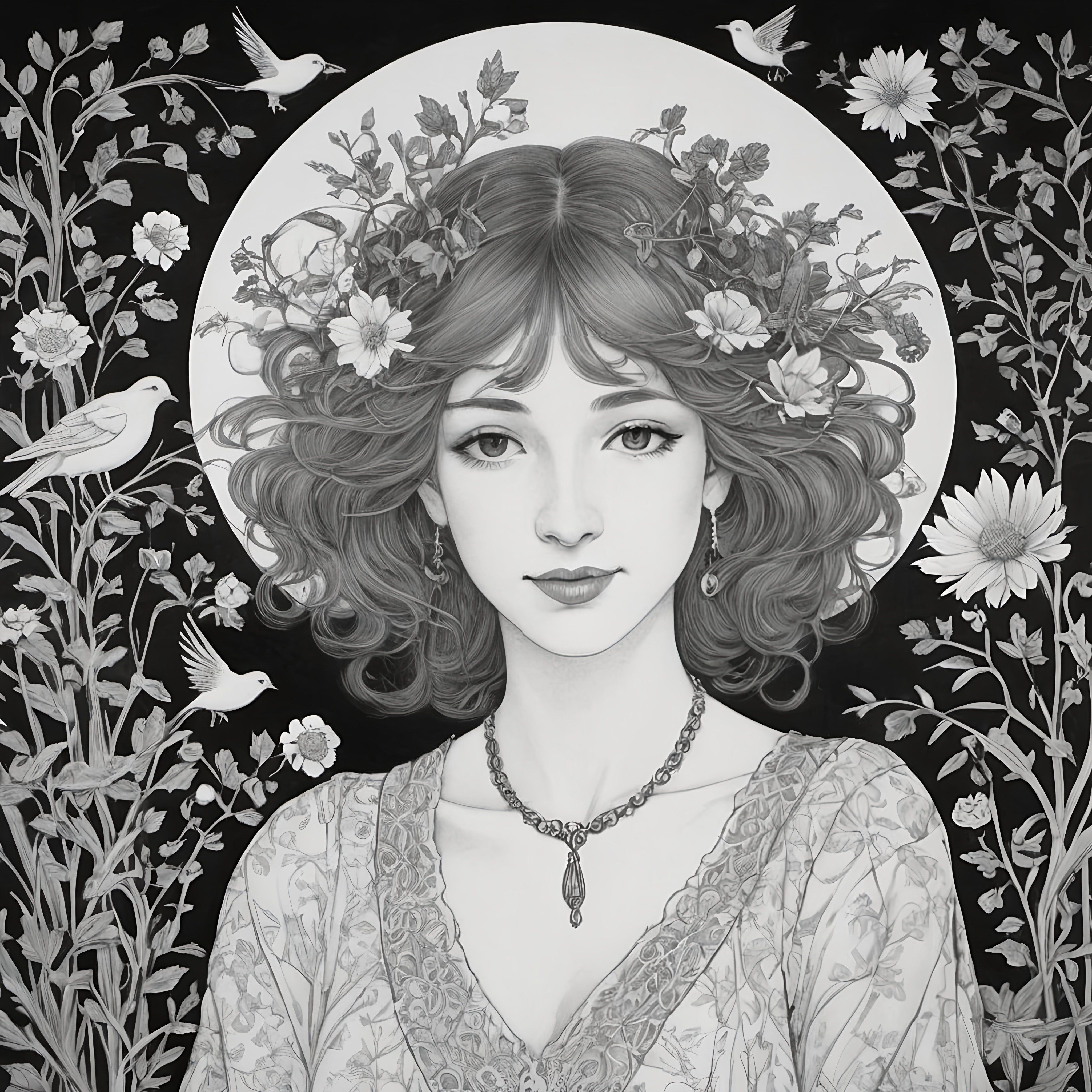 Prompt: a drawing of a woman with flowers in her hair, surrounded by flowers, beautiful detailed, a detailed drawing