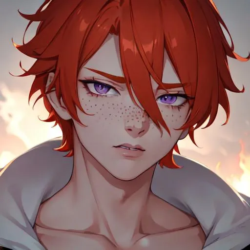 Prompt: Erikku male (short ginger hair, freckles, right eye blue left eye purple) muscular, UHD, 8K, Highly detailed, insane detail, best quality, high quality. As the godfather, mafia