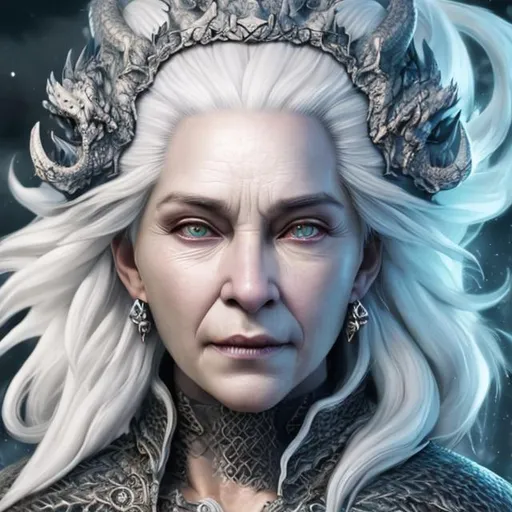Prompt: Hyper detailed white haired queen of dragons hyper realistic face features
