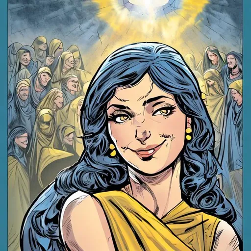 Prompt: Comic book illustration, bible times, Israel, woman, deceptive, intelligent, yellow