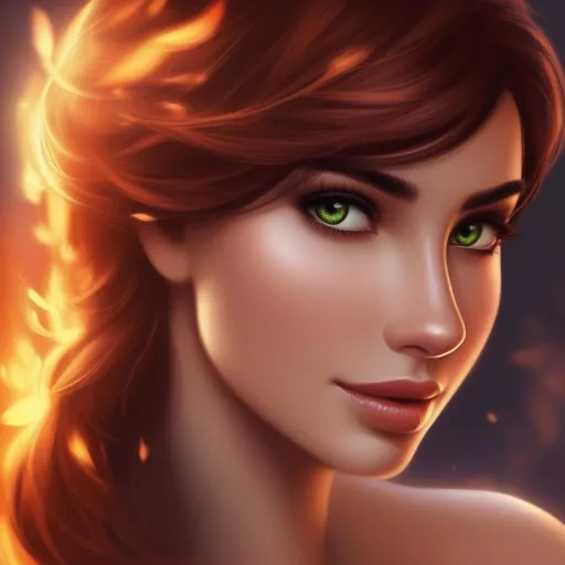 Prompt: elsa's fire-weilding cousin with a redish color scheme with dark brown hair and short bobbed brownish greenish eyes