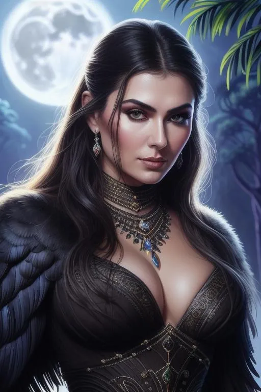 Prompt: Romantic Close-up Photo of Xenia Shelkovskaya, Looking Into the Camera, Muscular Barbarian Seer, Wearing Long Barbaric Robes Adorned with Raven Feathers, Tribal Jewelry, Elegant Slicked-Back Hair, Moonlight, Nighttime, Ancient Jungle Palace, deep cleavage, bokeh, by Artgerm and Jean Baptiste Mongue, intricate hyperdetailed fluid gouache illustration by Android Jones and Glenn Rane, professional photography, maximalist photo illustration, (high detailed skin:1.2), 8k uhd, dslr, soft moon lighting, high quality, Fujifilm XT3