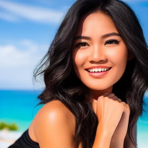 Prompt: ultra detailed picture of Smiling Filipino woman with sundress seated on a lounge chair.  Thick Black Silky Flowing Hair with Choppy Layers framing her Beautiful Heart-Shaped Face Perfectly with elegant soft features, short beautiful brunette hair color, ultra detailed face, detailed beautiful eye, detailed beautiful lips, detailed beautiful nose, perfect anatomy, full body, dynamic lighting, studio lighting,. Glistening Eyes. High Cheekbones. Accentuating her Sensual Beauty.  Patrick nagel, greg rutkowski