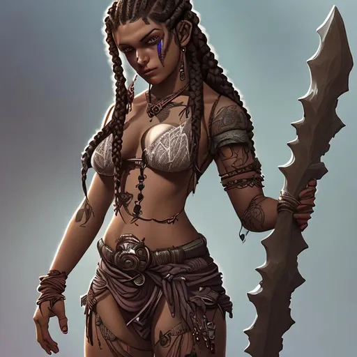 Prompt: sensual female half-orc, young, skimpy clothes, tattoos, braids, digital art, detailed