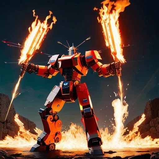 Prompt: Giant robot with flaming bows and arrows, unreal engine, full metal body, extreme explosion, cyber war, hd ultra 4k, cinematic, hyper-realistic