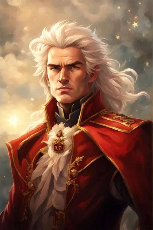 Prompt: **captain handsome, hero of a thousand battles, victor of the battle of the seven witches, bearer of the crimson medal, head of the order of the nine pointed star, master strategist, confident of the queen 