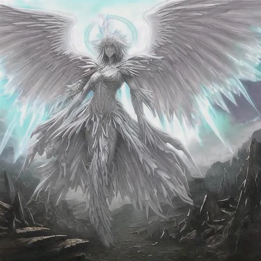 Prompt: colossal mtg  white angelic monster magic lights in apocalyptic environments 
