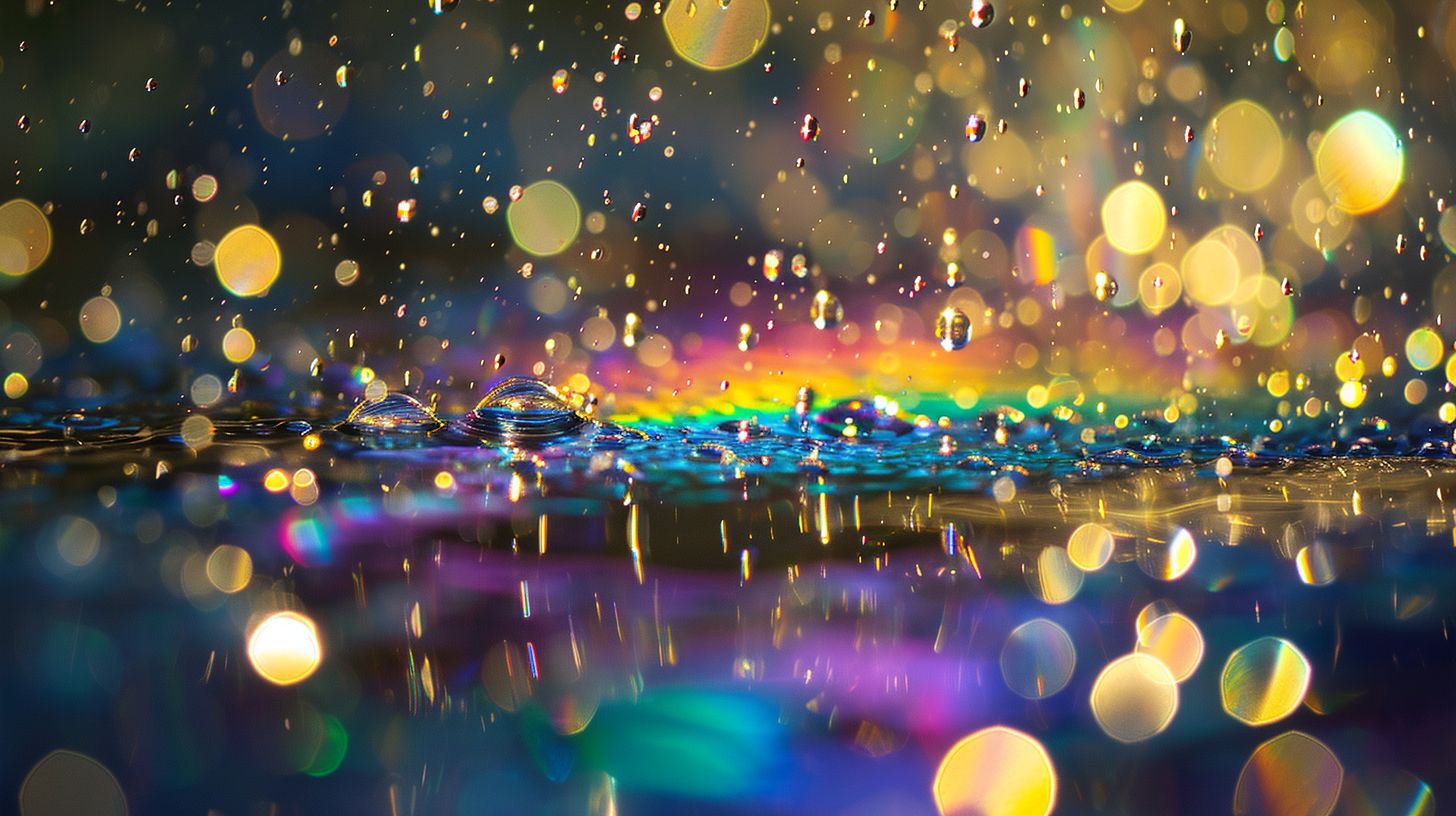 Prompt: prismatic, crystals, reflective rainbows, dripping rainwater with mirror like droplets of beauty --ar 16:9 --v 6.0