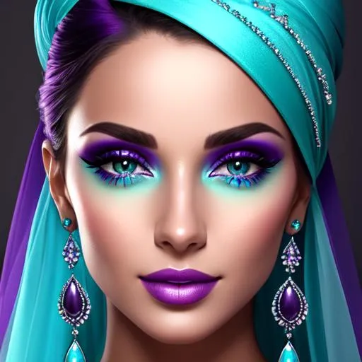 Prompt: Beautiful ethereal beauty,  color scheme of  aqua and purple, facial closeup