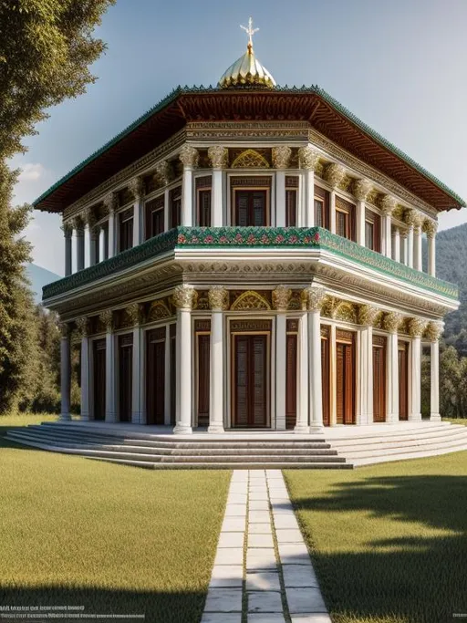Prompt: Please create the artistic image of Abkhazia as a very beautiful country by designing high-detailed and exquisite classical Abkhazian cultural buildings and house following all the main principles of architecture: axis, symmetry, hierarchy, datum, rhythm, isometry, balance, harmony and proportions. Use UHD engine 5, Octane 3D, hi res 256 K, HDR, focus sharp, centered, fit in frame, Bokeh. Apply stunning background to the image composition: Caucasus Mountains, biologically flawless palm trees and plants, the coast of the Black Sea.