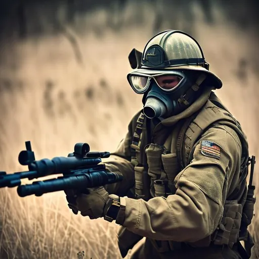 Prompt: military soldier, special forces, machine gun, action shot, in the field picture, firefighter hat, firefighter mask