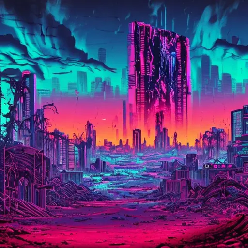 Prompt: Synthwave horrific ruined city