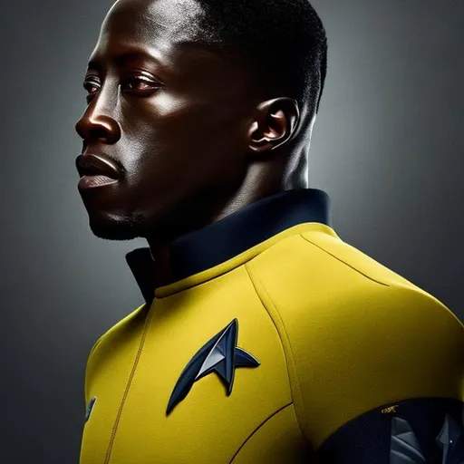 Prompt: A portrait of Wesley Snipes, wearing a Starfleet uniform, with a Star Trek background, in the style of the Star Trek movies.