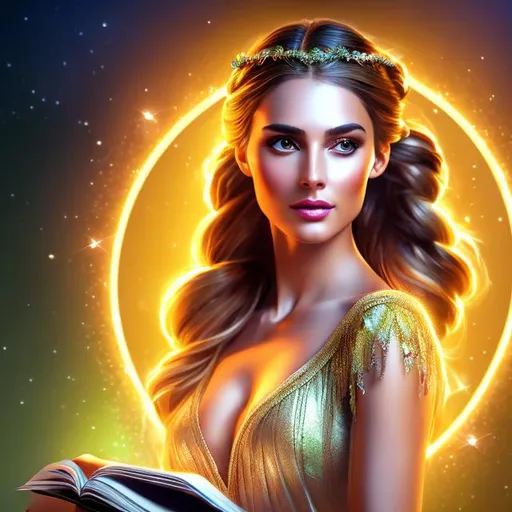 Prompt: HD 4k 3D 8k professional modeling photo hyper realistic beautiful  woman ethereal greek goddess of legislation
orange french braided hair green eyes gorgeous face brown skin shimmering dress jewelry laurel headpiece holding scroll and books full body surrounded by magical glowing light hd landscape background springtime pasture