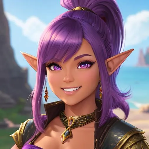 Prompt: oil painting, D&D fantasy, tanned-skinned-gnome girl, tanned-skinned-female, short, beautiful, short bright purple hair, bangs and ponytail hair, smiling, pointed ears, looking at the viewer, Wizard wearing intricate wizard outfit, #3238, UHD, hd , 8k eyes, detailed face, big anime dreamy eyes, 8k eyes, intricate details, insanely detailed, masterpiece, cinematic lighting, 8k, complementary colors, golden ratio, octane render, volumetric lighting, unreal 5, artwork, concept art, cover, top model, light on hair colorful glamourous hyperdetailed medieval city background, intricate hyperdetailed breathtaking colorful glamorous scenic view landscape, ultra-fine details, hyper-focused, deep colors, dramatic lighting, ambient lighting god rays, flowers, garden | by sakimi chan, artgerm, wlop, pixiv, tumblr, instagram, deviantart