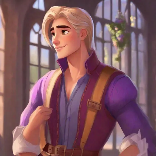 Prompt: rapunzel but make her a man, genderswap, fanart, male rapunzel, male clothing, short hair